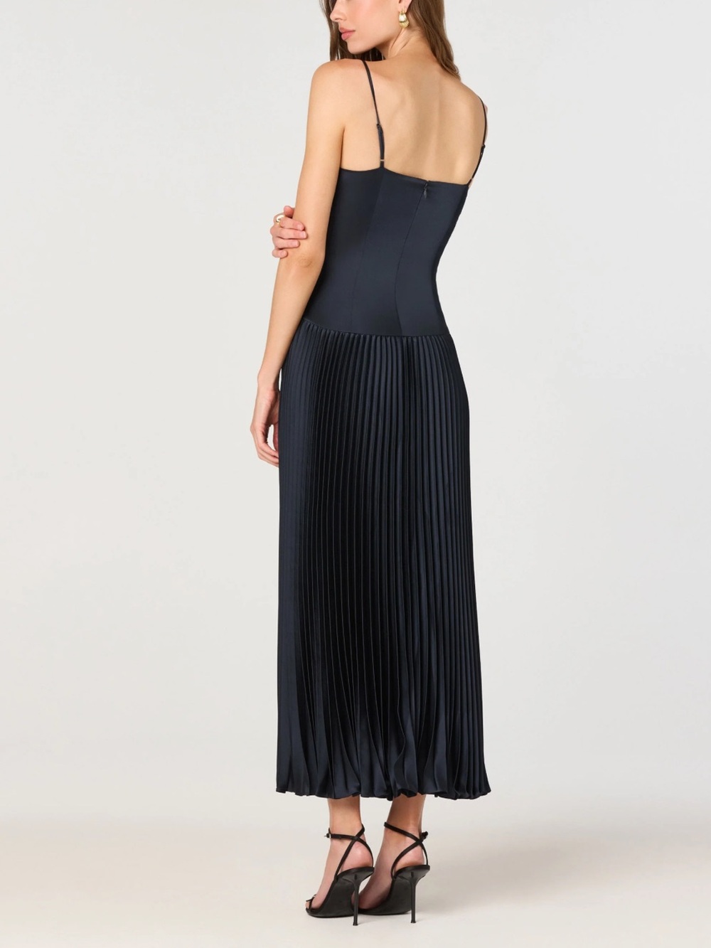 Astr Satin Pleated Drop Waist Maxi Dress in Dark Navy - Picture 3 of 6
